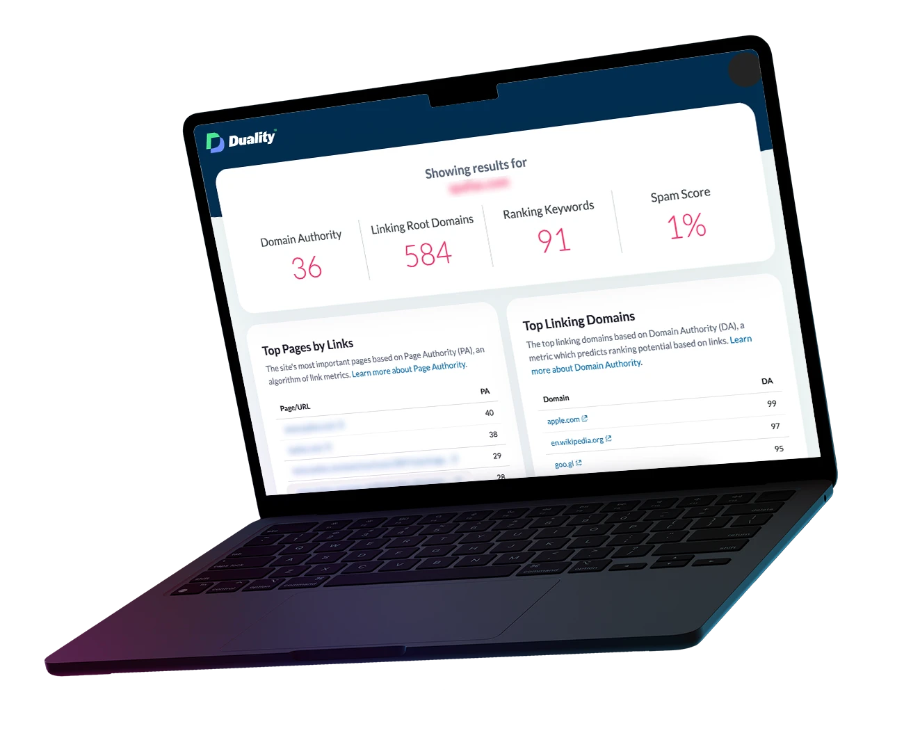 image shows a mockup of a laptop with a domain authority audit on the screen. This accesses the quality of a site's backlink strength.