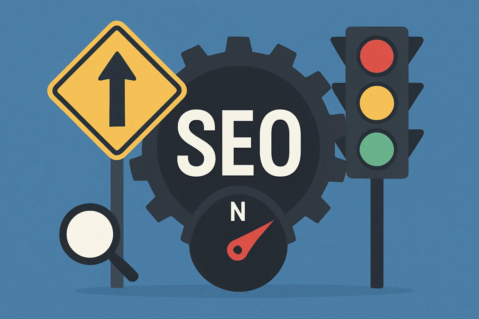 image of a gear with the word 'SEO' in the centre, next to a traffic light and magnifying glass.