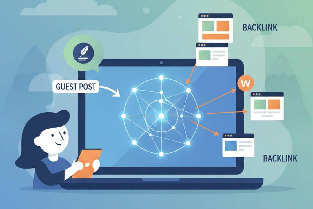 image shows an illustration of someone creating a guest post for a backlink