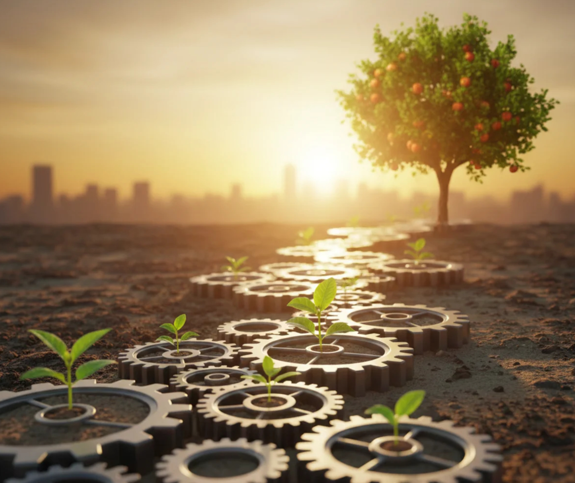 image shows a bunch of gears laid on the ground, with plant leafs forming, an abstract expression for an seo campaign and how long it takes to grow.