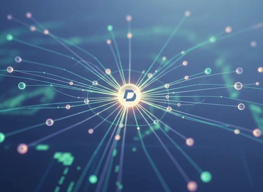 A digital network diagram with a central icon resembling the Duality Digital logo, connected to multiple nodes by radiating lines on a dark background.