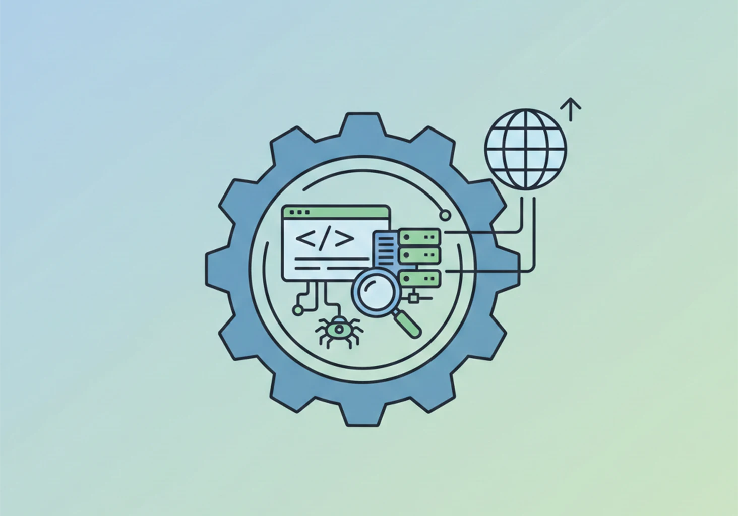 Illustration of a gear surrounding icons representing web development and technical SEO, including code, a database, a magnifying glass, a spider, and a globe on a gradient background.