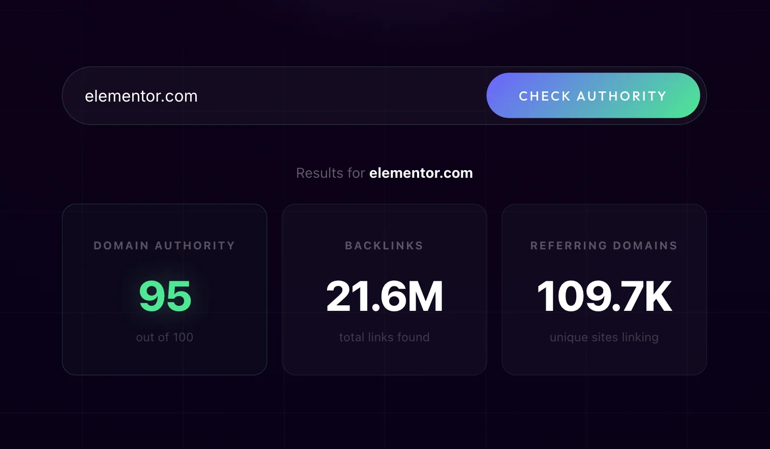 example of a domain checker tool used to evaluate a website's authority and backlink profile